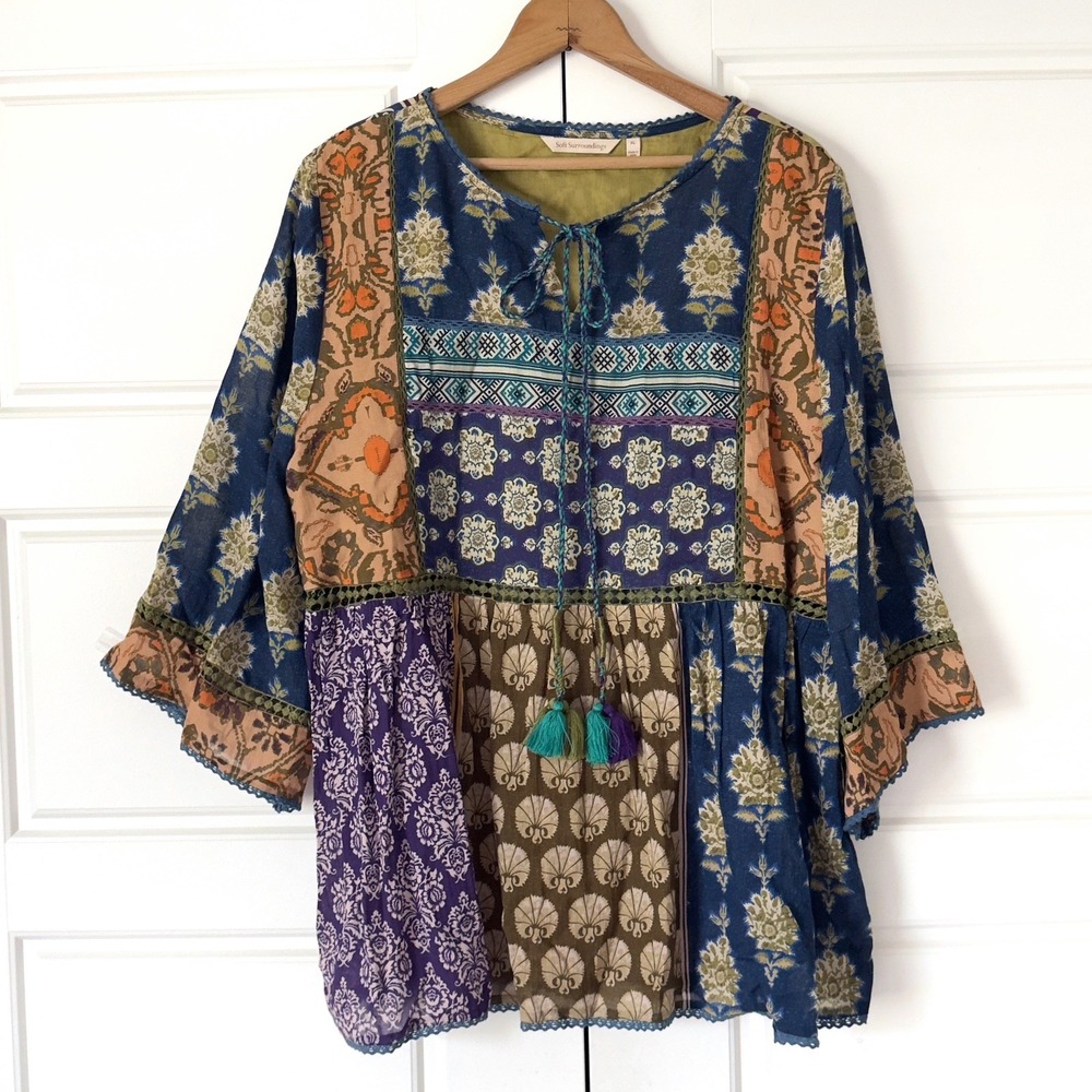 Soft Surroundings Boho Patchwork Tunic Top Womens XL Colorful Tassels Peasant